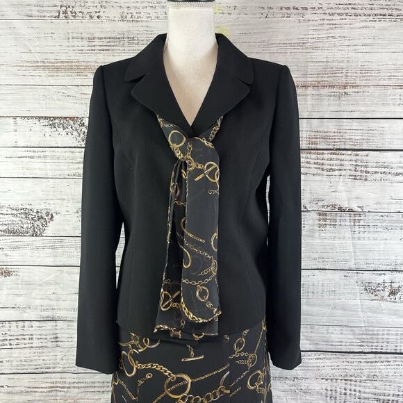 Evan Picone 3pc Skirt Suit size 8 Blazer Scarf Black Gold Equestrian Career - Picture 4 of 15